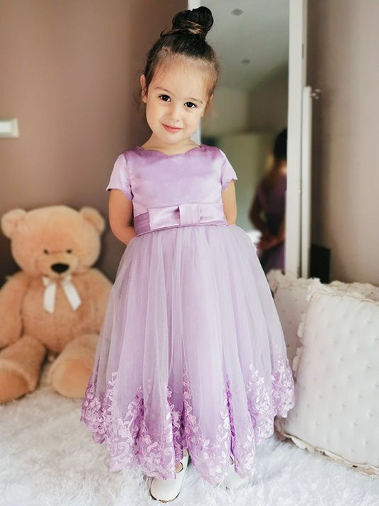 A-Line/Princess Tulle Short Ankle-Length Scoop Sleeves Lace Flower Girl Dresses