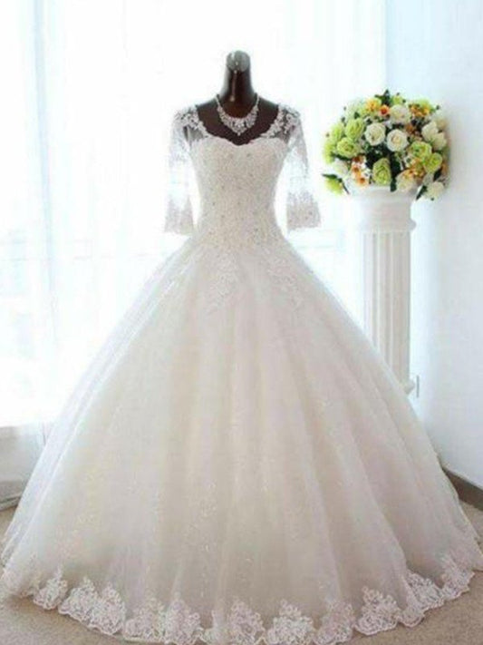 Bateau Ball Gown V-neck Beading Sleeves Tulle 3/4 Floor-Length Wedding Dresses