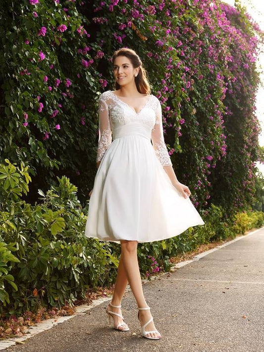 Short 3/4 A-Line/Princess V-neck Sleeves Chiffon Wedding Dresses