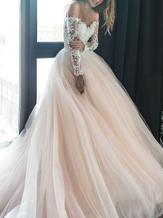 A-Line/Princess Court Train Sleeves Applique Off-the-Shoulder Long Tulle Wedding Dresses