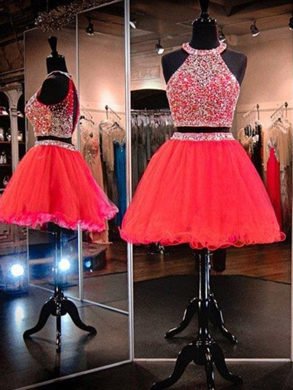 Beading Sleeveless Short/Mini A-Line/Princess Halter Tulle Two Piece Dresses