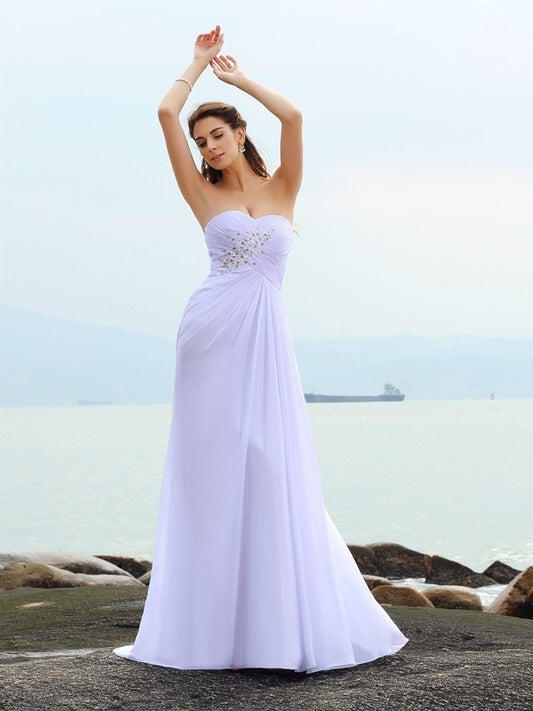 Sleeveless Long Sweetheart Sheath/Column Beading Chiffon Beach Wedding Dresses