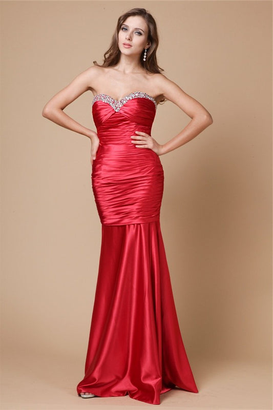 Woven Sleeveless Long Sweetheart Elastic Trumpet/Mermaid Satin Beading Dresses