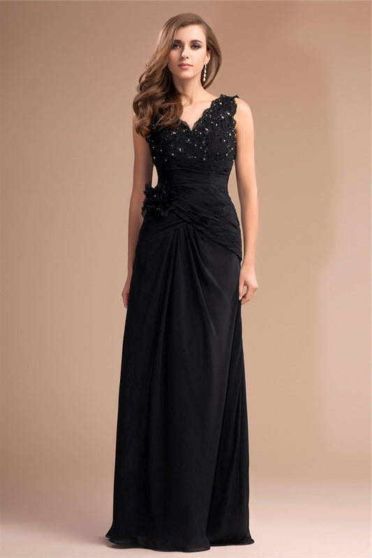 Sleeveless Beading Long Sheath/Column V-neck Lace Chiffon Dresses