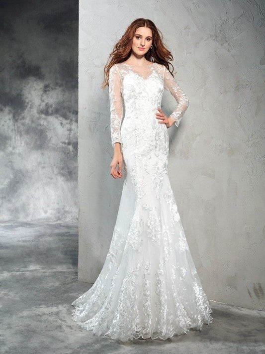 Sheer Sheath/Column Lace Long Sleeves Long Neck Net Wedding Dresses