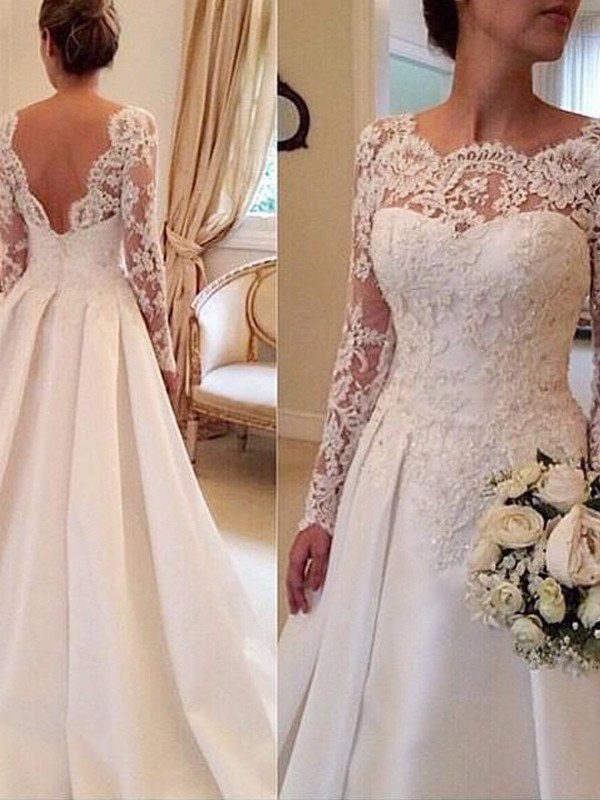 Court Ball Lace Gown Scoop Sleeves Long Train Satin Wedding Dresses