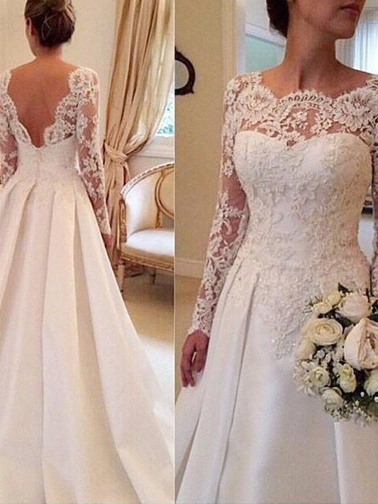 Court Ball Lace Gown Scoop Sleeves Long Train Satin Wedding Dresses