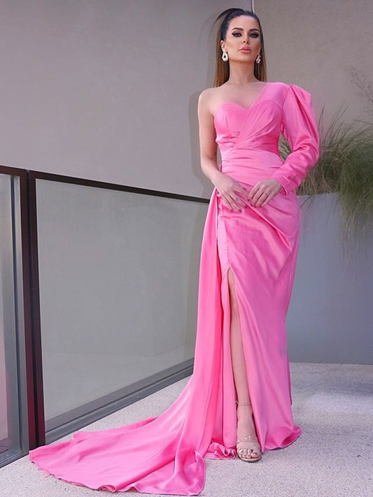 Ruched One-Shoulder Sleeves Long Sheath/Column Charmeuse Sweep/Brush Train Dresses