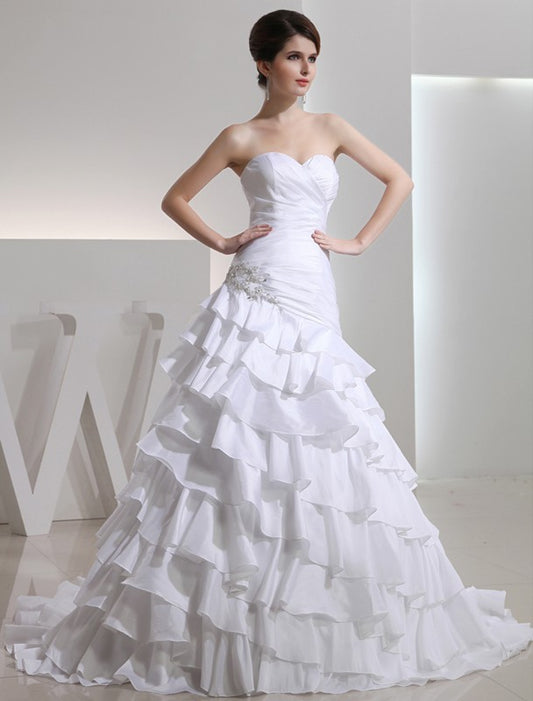 A-Line/Princess Long Beading Sleeveless Sweetheart Taffeta Wedding Dresses