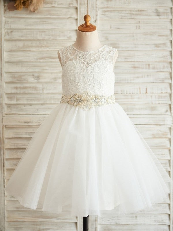 Tulle A-Line/Princess Sleeveless Knee-Length Scoop Lace Flower Girl Dresses