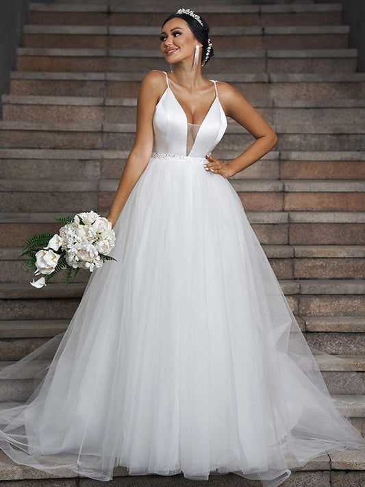 Ruffles Sleeveless Sweep/Brush V-neck Tulle A-Line/Princess Train Wedding Dresses