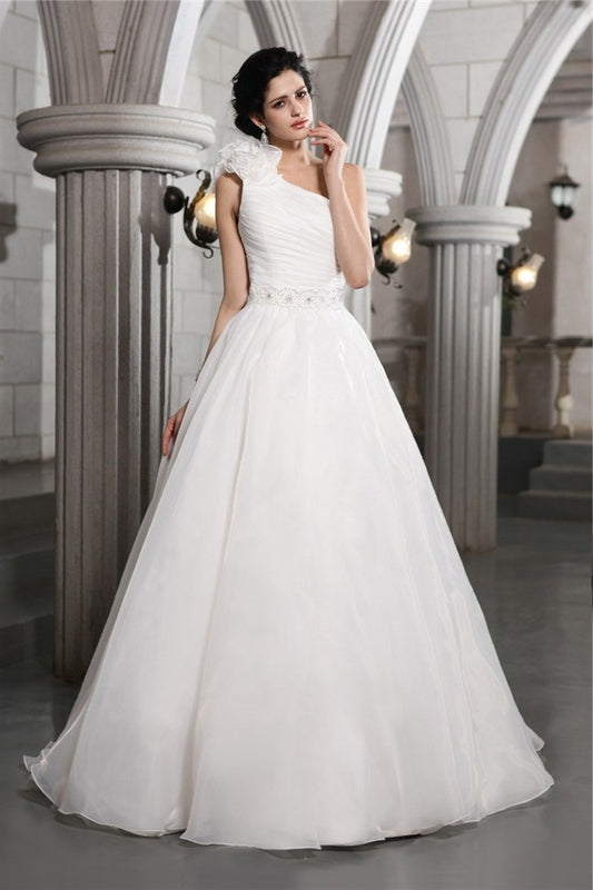 A-Line/Princess One-Shoulder Sleeveless Long Beading Organza Wedding Dresses