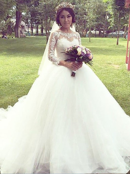 Tulle Ball Sleeves Bateau Court Long Gown Train Wedding Dresses