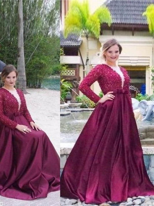 Long A-Line/Princess Train Satin Sweep/Brush Beading Sleeves V-neck Plus Size Dresses