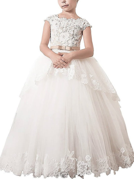 Ball Tulle Lace Scoop Gown Floor-Length Sleeveless Flower Girl Dresses