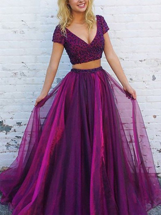 Sleeves Short Floor-Length A-Line/Princess V-Neck Tulle Beading Two Piece Dresses