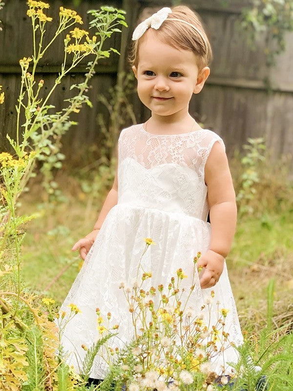 Bowknot Scoop Lace Sleeveless A-Line/Princess Tea-Length Flower Girl Dresses