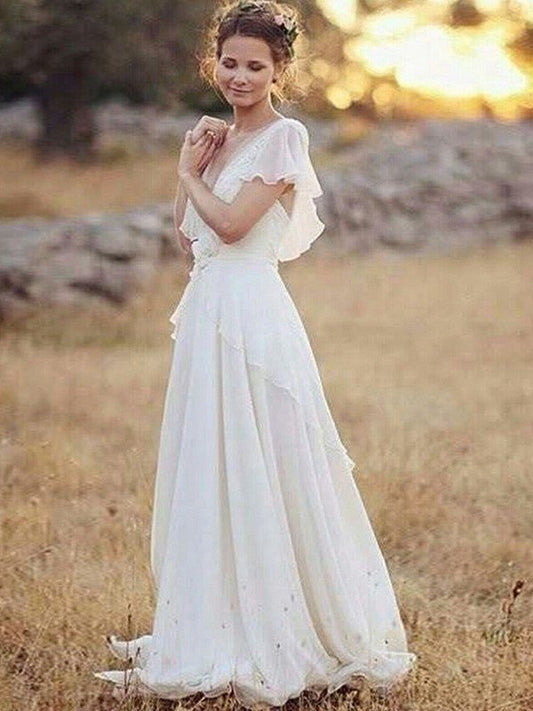 Chiffon Short V-neck A-Line/Princess Sleeves Ruched Floor-Length Wedding Dresses