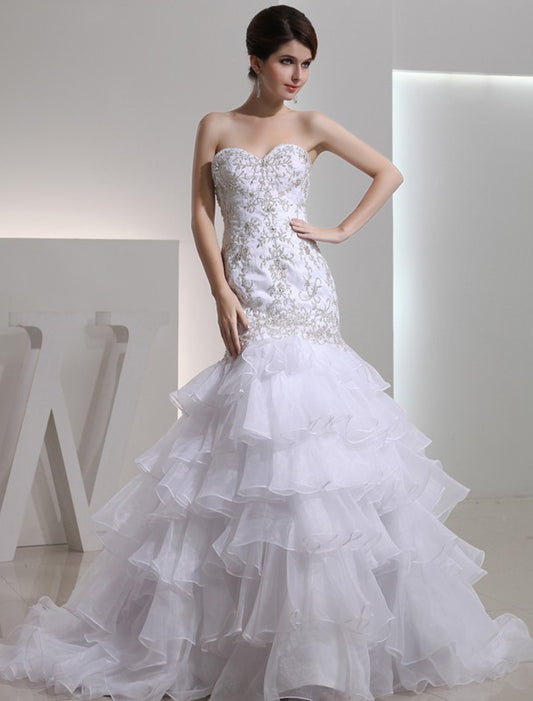 Sweetheart Trumpet/Mermaid Sleeveless Beading Organza Embroidery Wedding Dresses