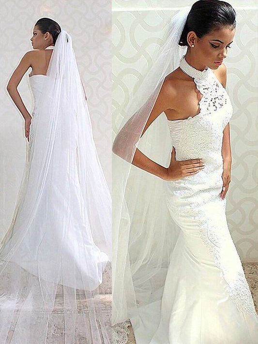 Sweep/Brush Satin Train Trumpet/Mermaid Halter Sleeveless Wedding Dresses