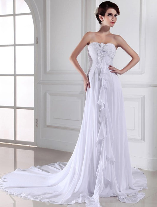 Sheath/Column Chiffon Hand-made Sweetheart Flower Sleeveless Long Wedding Dresses