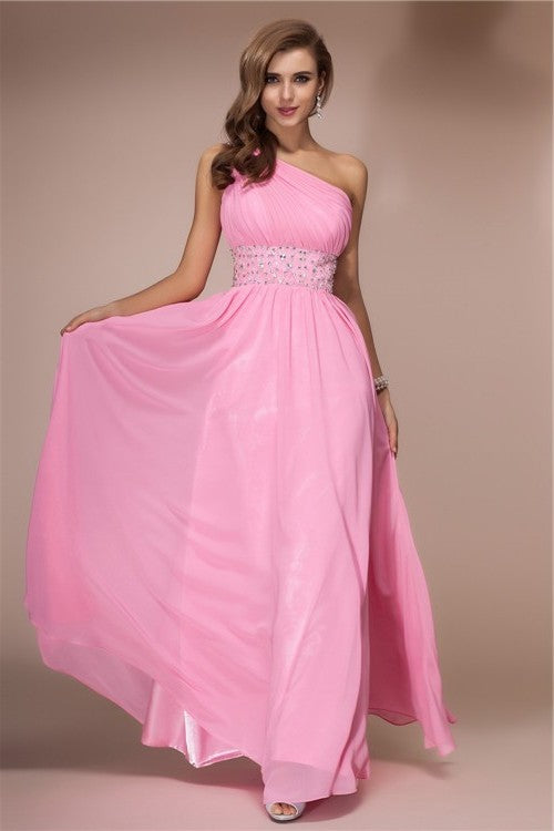 Long Shoulder One Sheath/Column Beading Sleeveless Chiffon Dresses