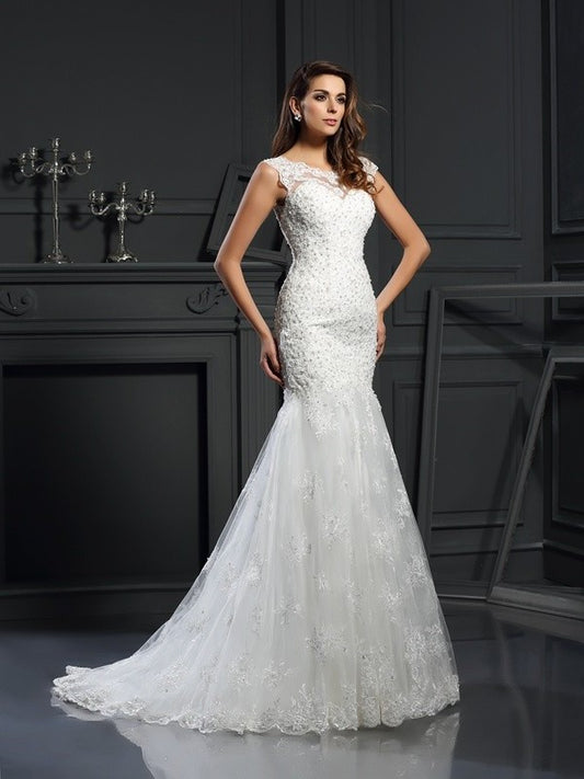 Applique Sleeves Short Trumpet/Mermaid Scoop Long Tulle Wedding Dresses