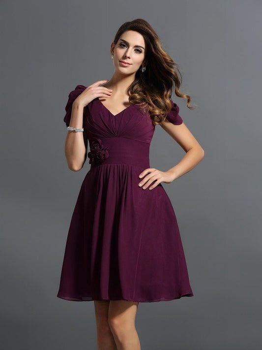 Hand-Made Flower A-Line/Princess Sleeves V-neck Short Short Chiffon Bridesmaid Dresses