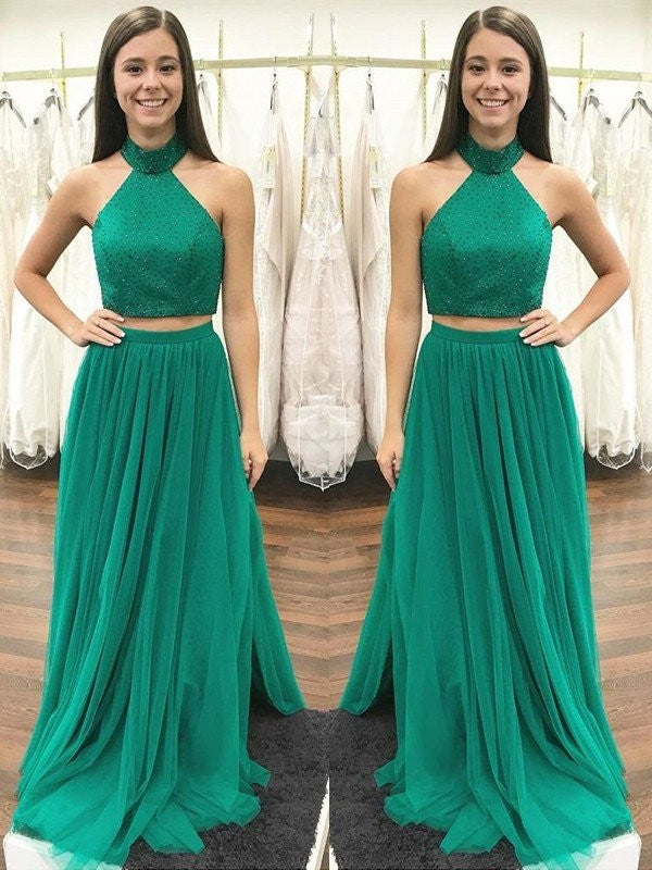 Floor-Length Halter Beading A-Line/Princess Tulle Sleeveless Two Piece Dresses