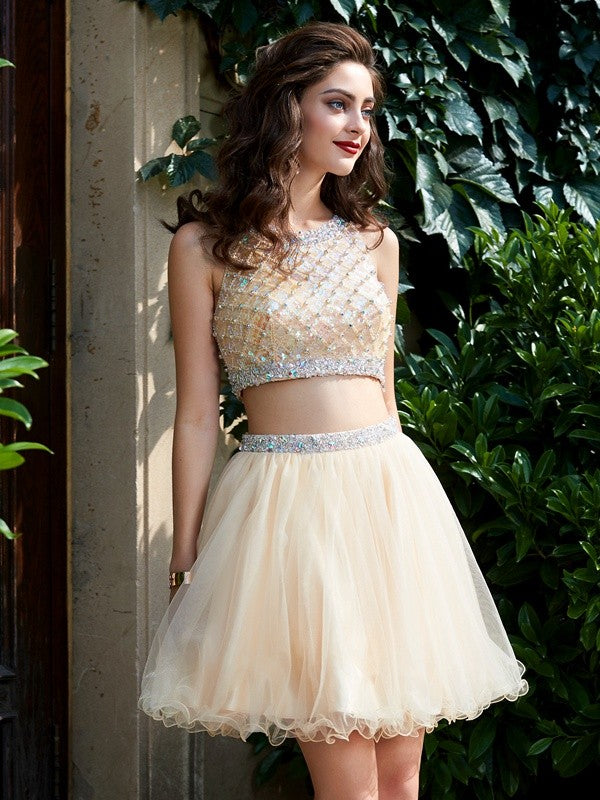 A-Line/Princess Alisson Scoop Net Sleeveless Beading Short/Mini Homecoming Dresses Two Piece