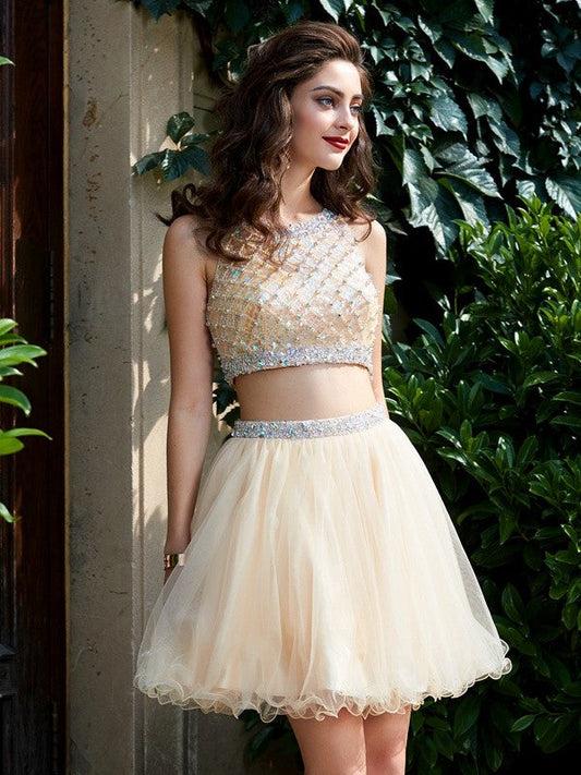 A-Line/Princess Alisson Scoop Net Sleeveless Beading Short/Mini Homecoming Dresses Two Piece