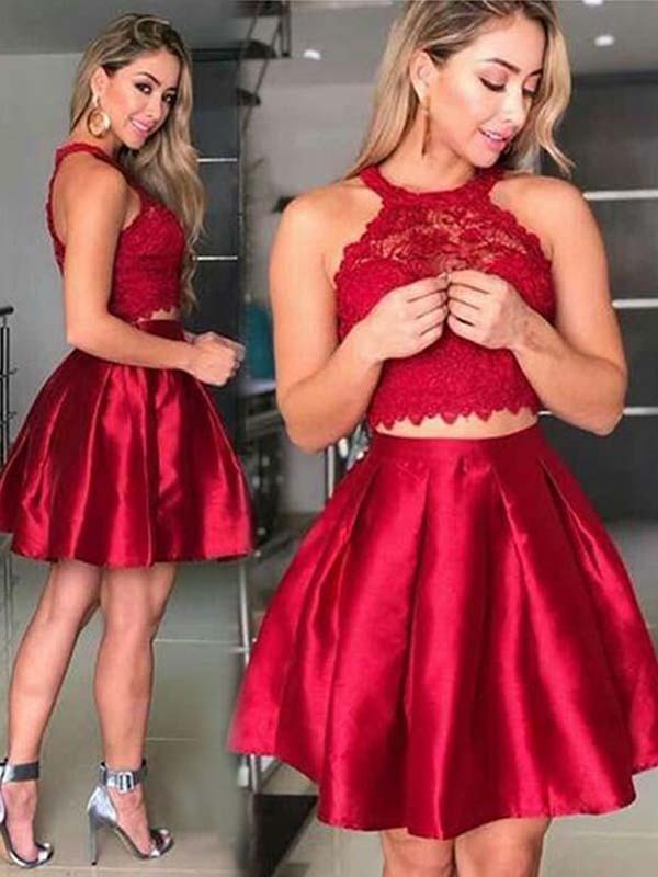 Halter Lace Short/Mini Sleeveless A-Line/Princess Satin Two Piece Dresses