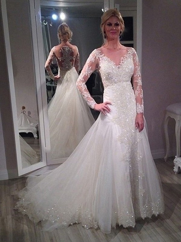 A-Line/Princess Long Sweep/Brush V-neck Sequin Sleeves Train Tulle Wedding Dresses