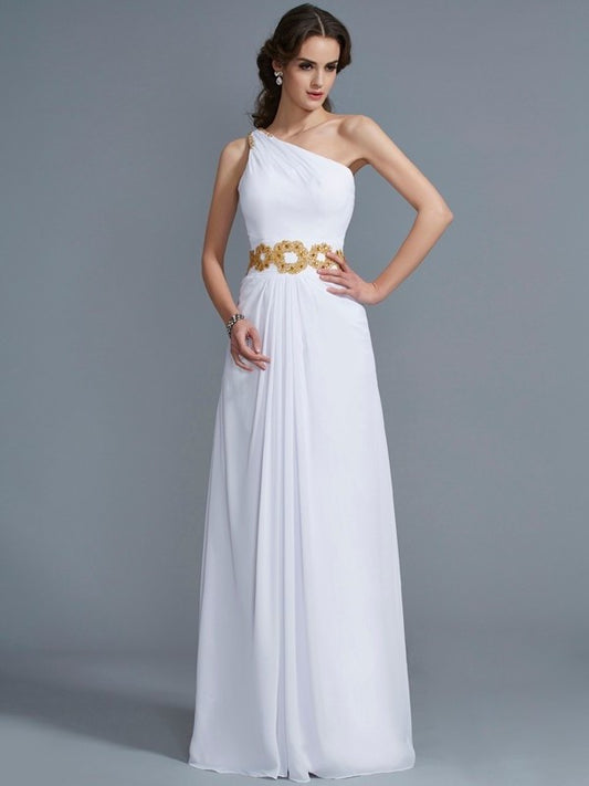 Beading Sheath/Column One-Shoulder Sleeveless Long Chiffon Dresses