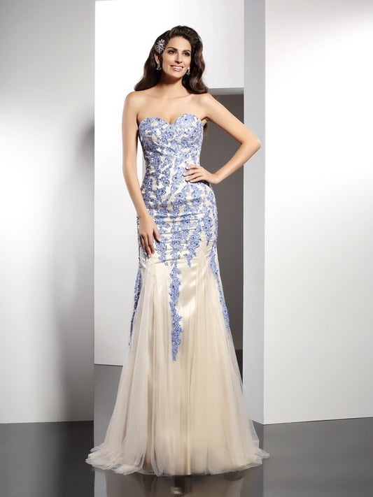 Trumpet/Mermaid Applique Sweetheart Sleeveless Long Tulle Dresses