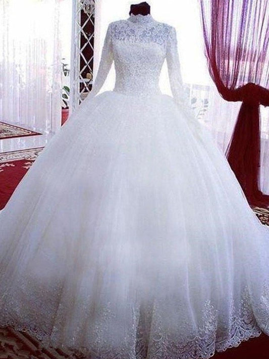 Sleeves Long Chapel Tulle Neck Gown High Lace Ball Train Wedding Dresses