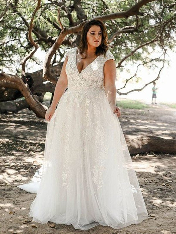 Tulle Short Plus Train V-neck Sweep/Brush A-Line/Princess Applique Sleeves Size Wedding Dresses