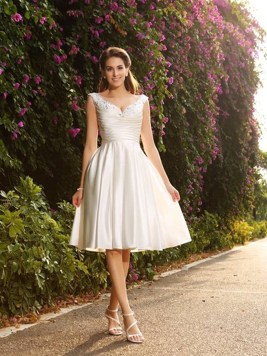 V-neck Beading A-Line/Princess Short Sleeveless Satin Wedding Dresses