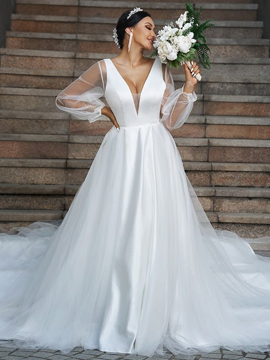 Long V-neck Court Tulle Ruffles Sleeves A-Line/Princess Train Wedding Dresses