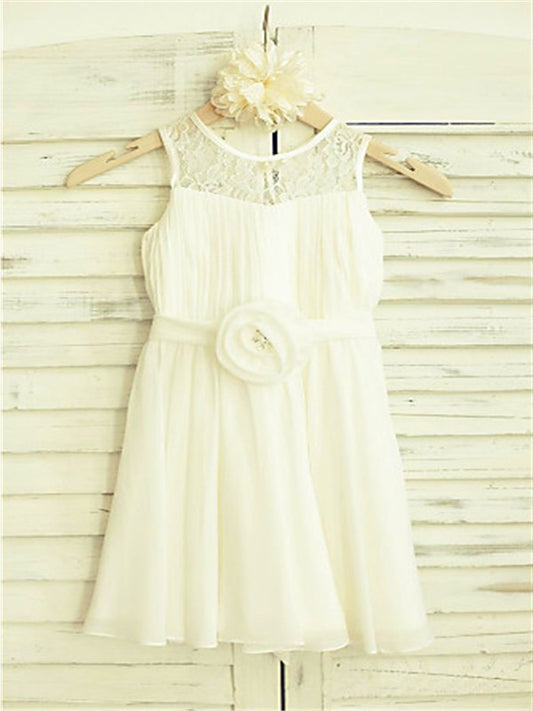 Sleeveless Chiffon A-line/Princess Hand-made Scoop Tea-Length Flower Flower Girl Dresses