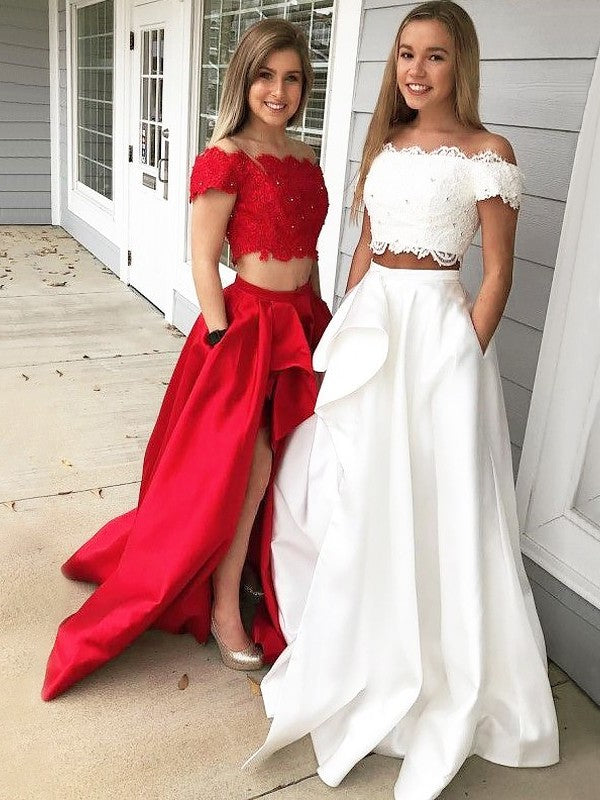 Off-the-Shoulder A-Line/Princess Sleeveless Satin Lace Train Sweep/Brush Two Piece Dresses