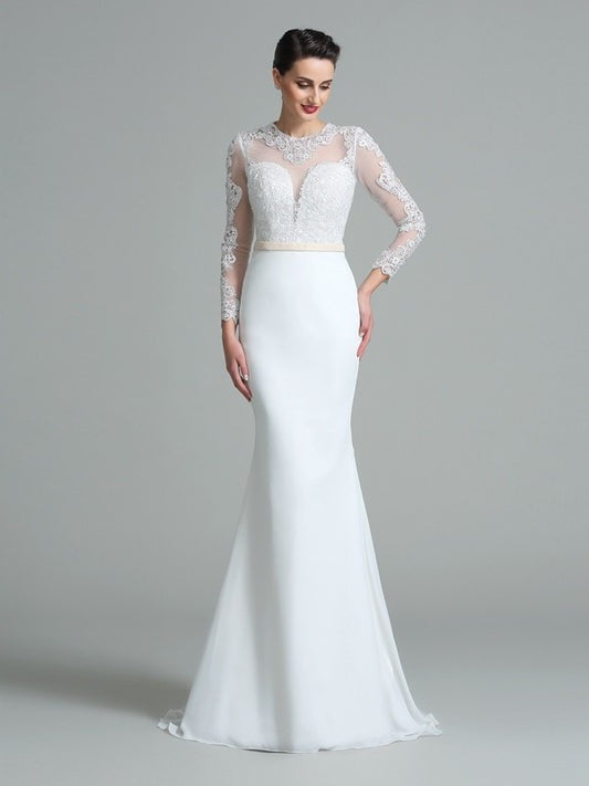 Trumpet/Mermaid Jewel Long Long Lace Sleeves Satin Wedding Dresses