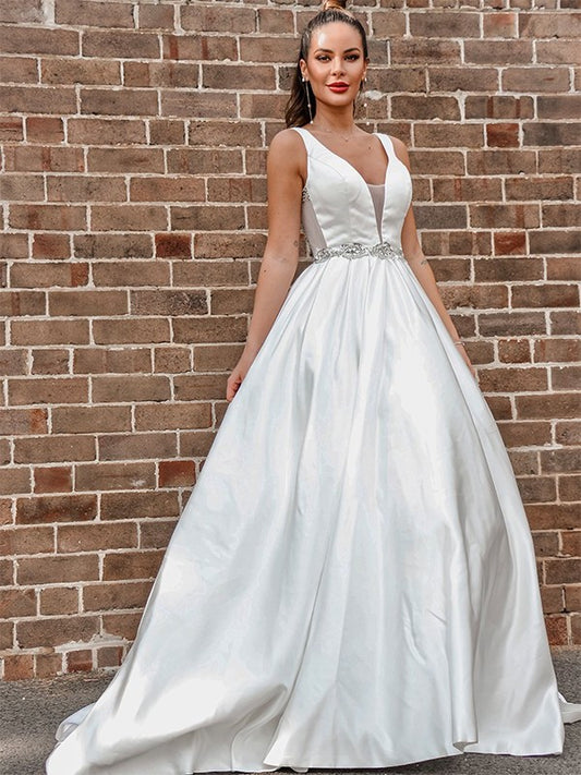 Sleeveless Court V-neck A-Line/Princess Satin Beading Train Wedding Dresses