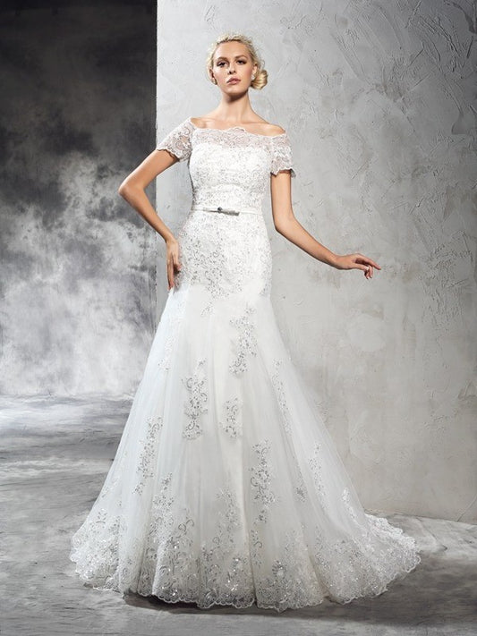 Applique Sleeves Short Long Off-the-Shoulder Sheath/Column Net Wedding Dresses