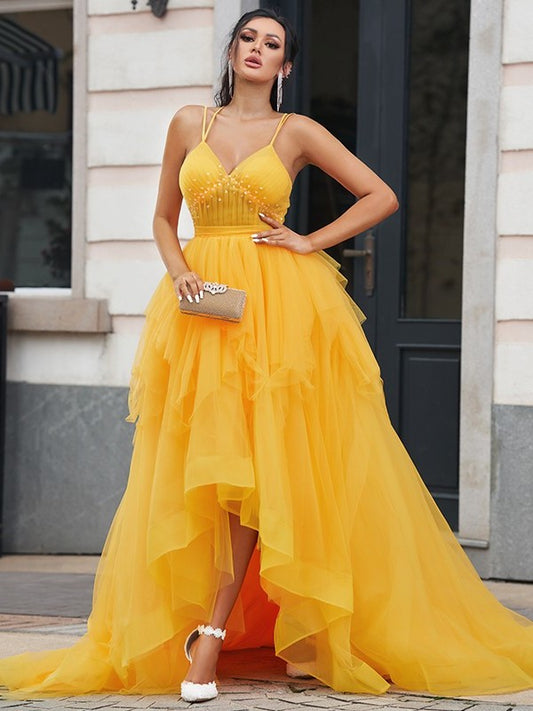 Tulle A-Line/Princess Ruffles V-neck Sleeveless Asymmetrical Dresses