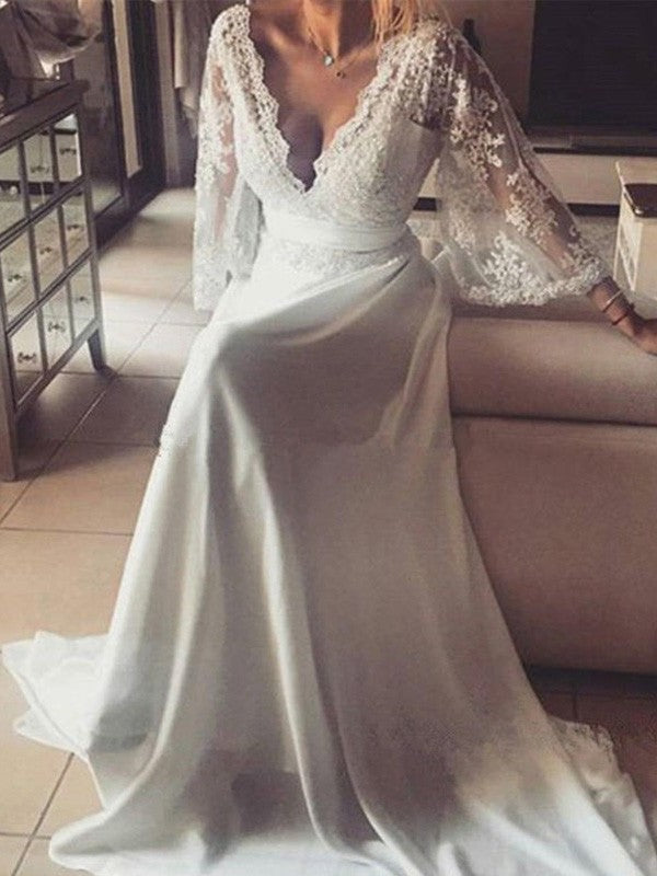 Train Long Sash/Ribbon/Belt V-neck Court Sleeves A-Line/Princess Lace Wedding Dresses