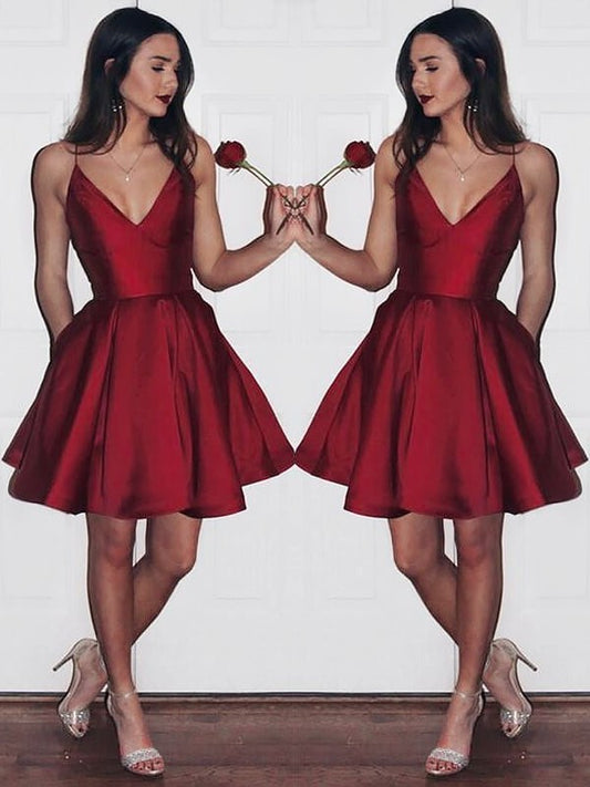 A-Line/Princess Sleeveless V-neck Satin Short/Mini Dresses