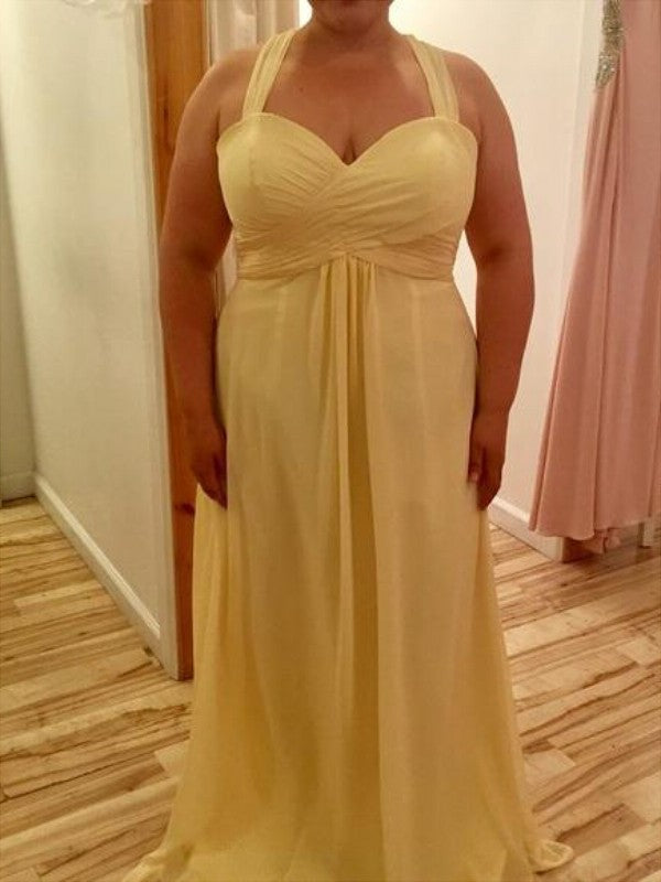 Ruched Chiffon Floor-Length Sleeveless Halter A-Line/Princess Plus Size Dresses