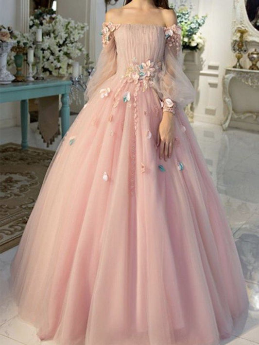 Gown Ball Sleeves Hand-Made Long Off-the-Shoulder Tulle Flower Floor-Length Dresses