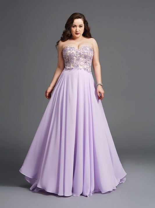 Long Chiffon Lace A-Line/Princess Sweetheart Sleeveless Plus Size Dresses